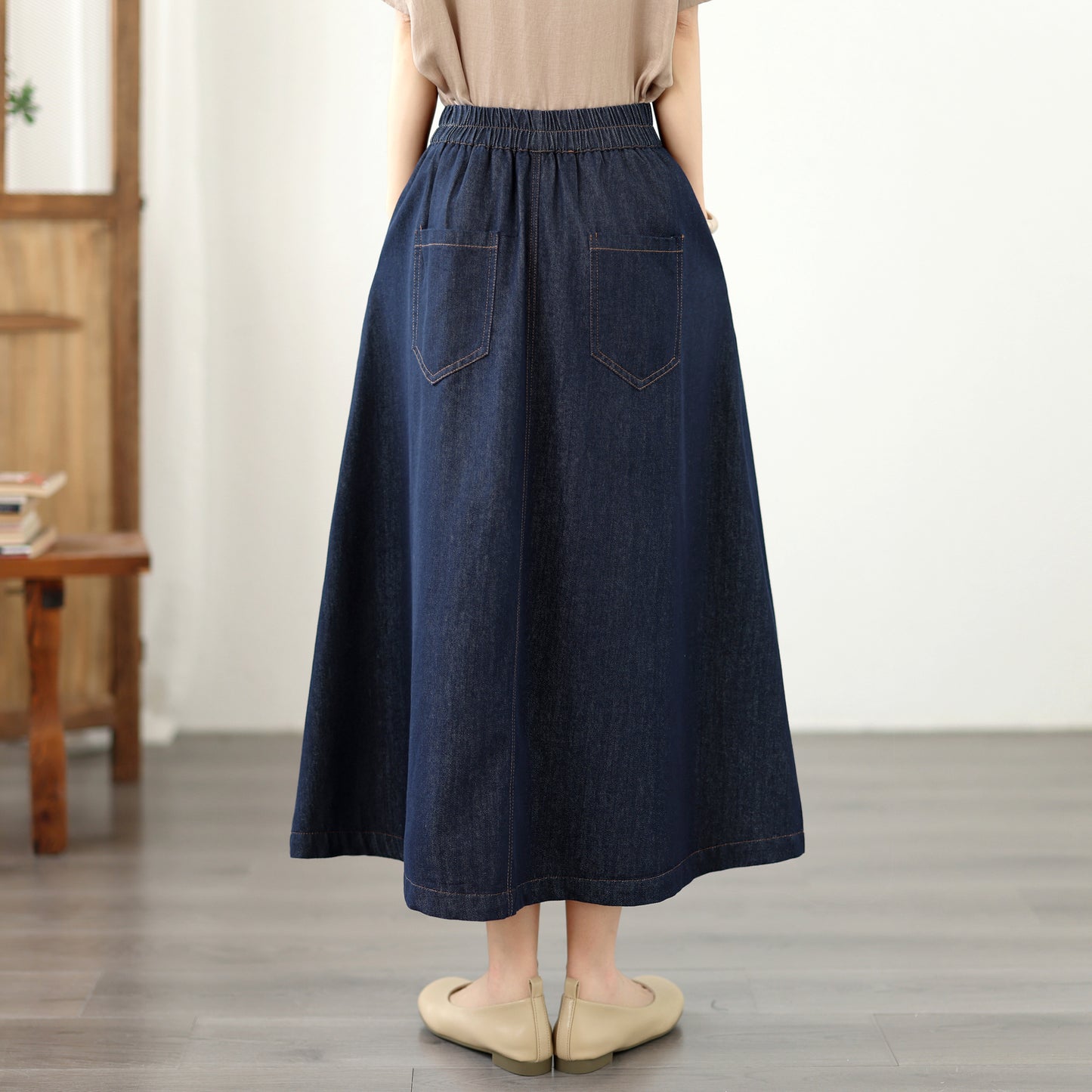 Bow Waist Denim Midi Skirt – Dark Wash Quiet Luxury Skirt