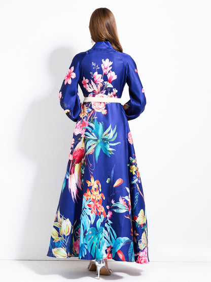 Women's Floral Print Puff Sleeve Split Maxi Dress