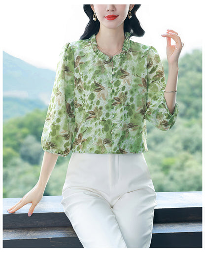 Women's Floral Print Ruffle Button Loose Blouses Top