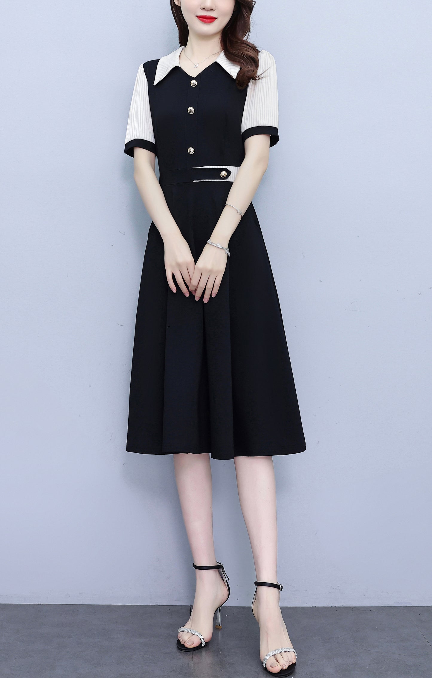 Women's Lapel V-Neck Pocket Short Sleeve Midi Dress - LAI MENG FIVE CATS