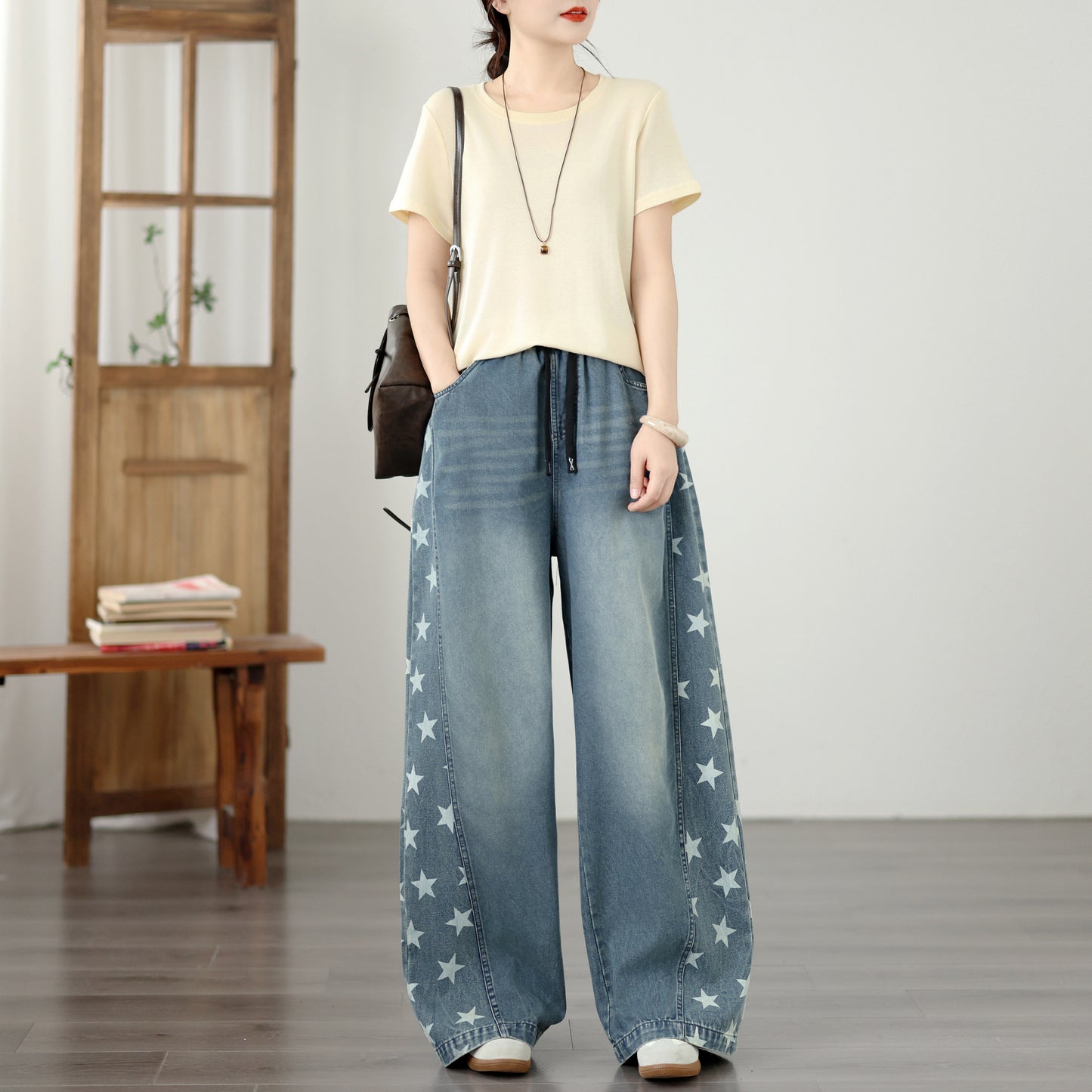 Women's Wide Leg Jeans Elastic Waist  Casual Loose Curved Pants - LAI MENG FIVE CATS