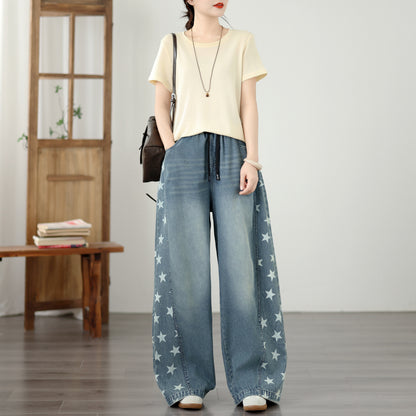 Women's Wide Leg Jeans Elastic Waist  Casual Loose Curved Pants - LAI MENG FIVE CATS