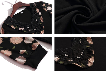 Women's Casual Patchwork Shirt Vintage V Neck Floral Print Blouse