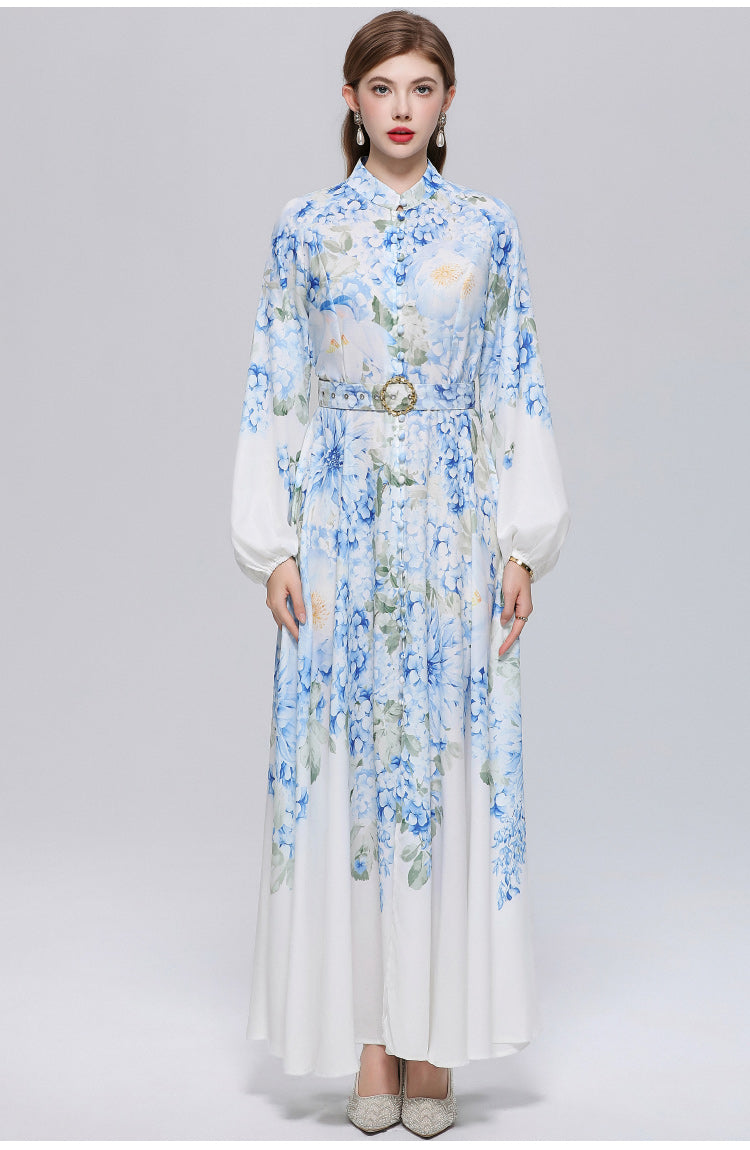 Women's Lantern Sleeve Floral Print Button Maxi Dress With Belts