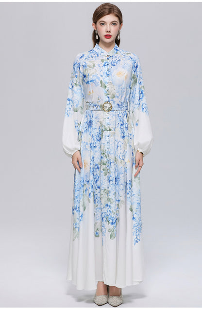 Women's Lantern Sleeve Floral Print Button Maxi Dress With Belts