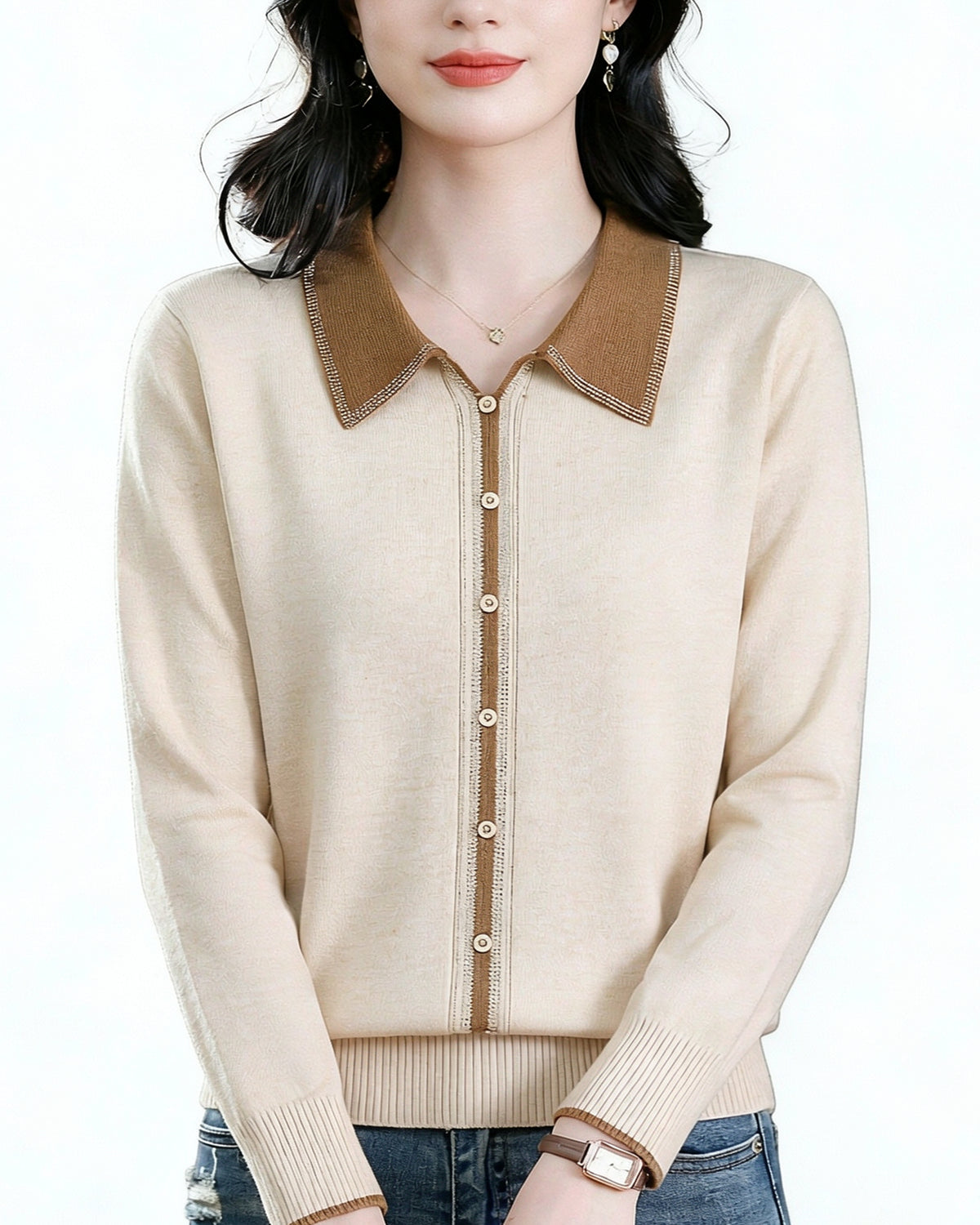 Chic Contrast Collar Knit Sweater Long Sleeve Pullover Top