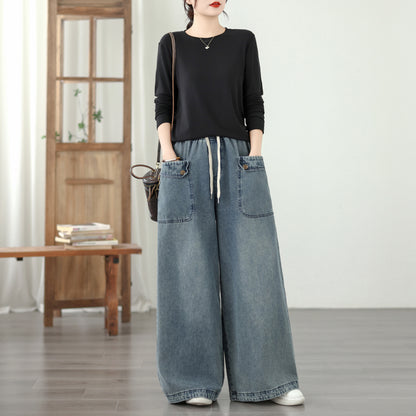 Jeans for Women Wide Leg Pull On Elastic Waist Denim - LAI MENG FIVE CATS