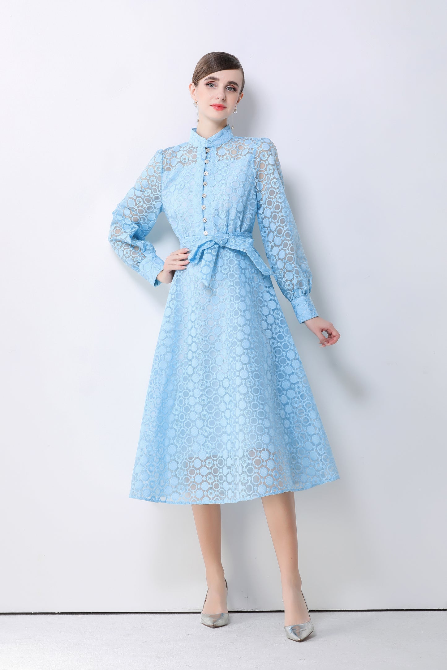 Women's Lace Lantern Sleeve Button Midi Dress