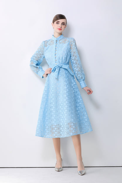 Women's Lace Lantern Sleeve Button Midi Dress