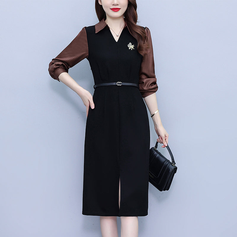 Women's Lapel V-Neck Pocket Long Sleeve Black Dress