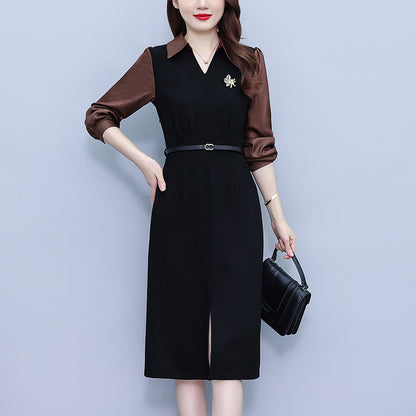Women's Lapel V-Neck Pocket Long Sleeve Black Dress