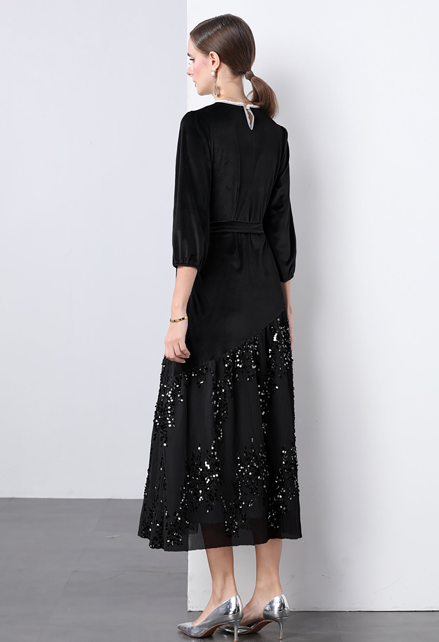 Velvet Lace Patchwork Sequins Midi Dress