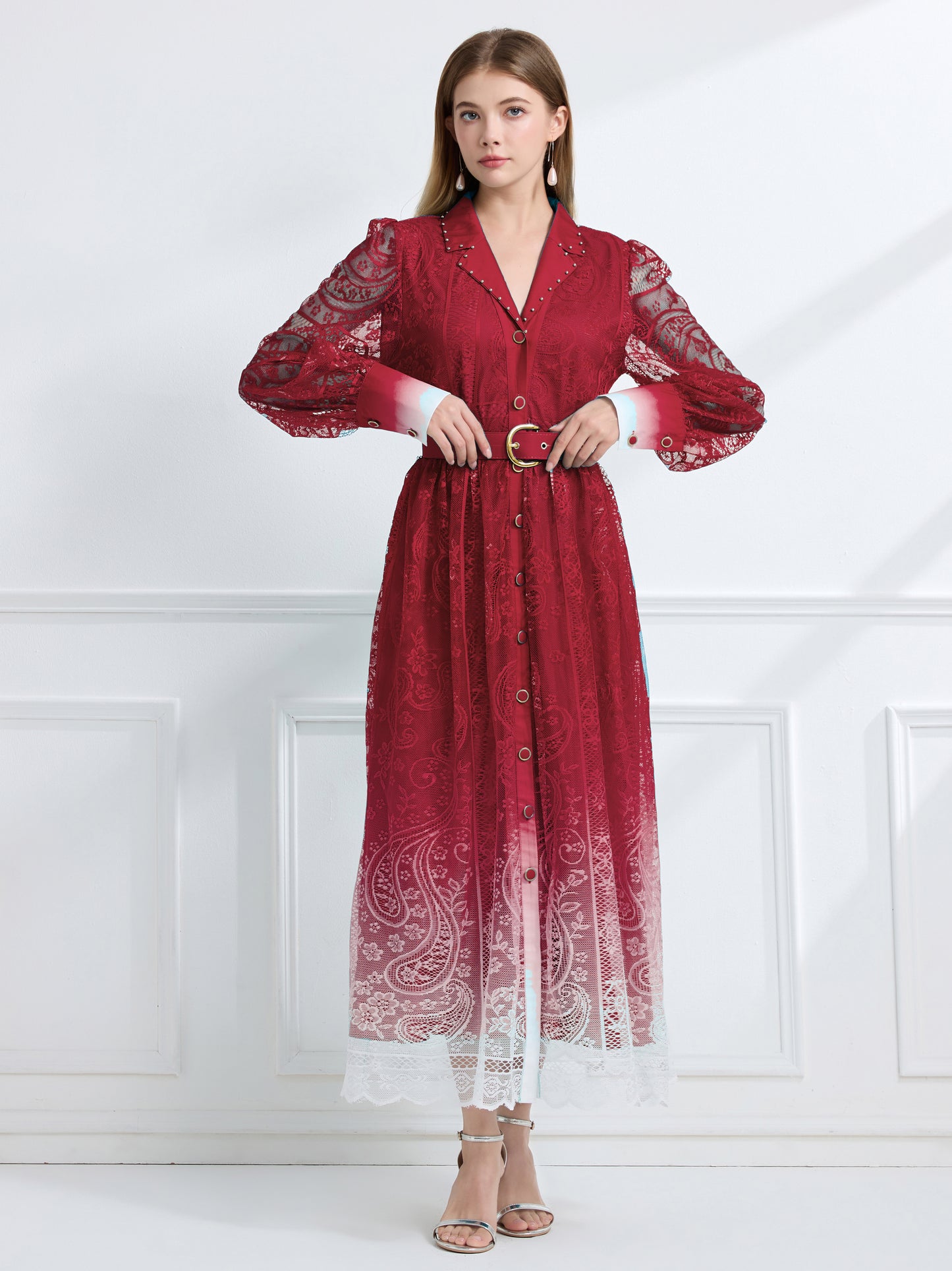 Women's V-Neck Button Lace Maxi Dress - LAI MENG FIVE CATS