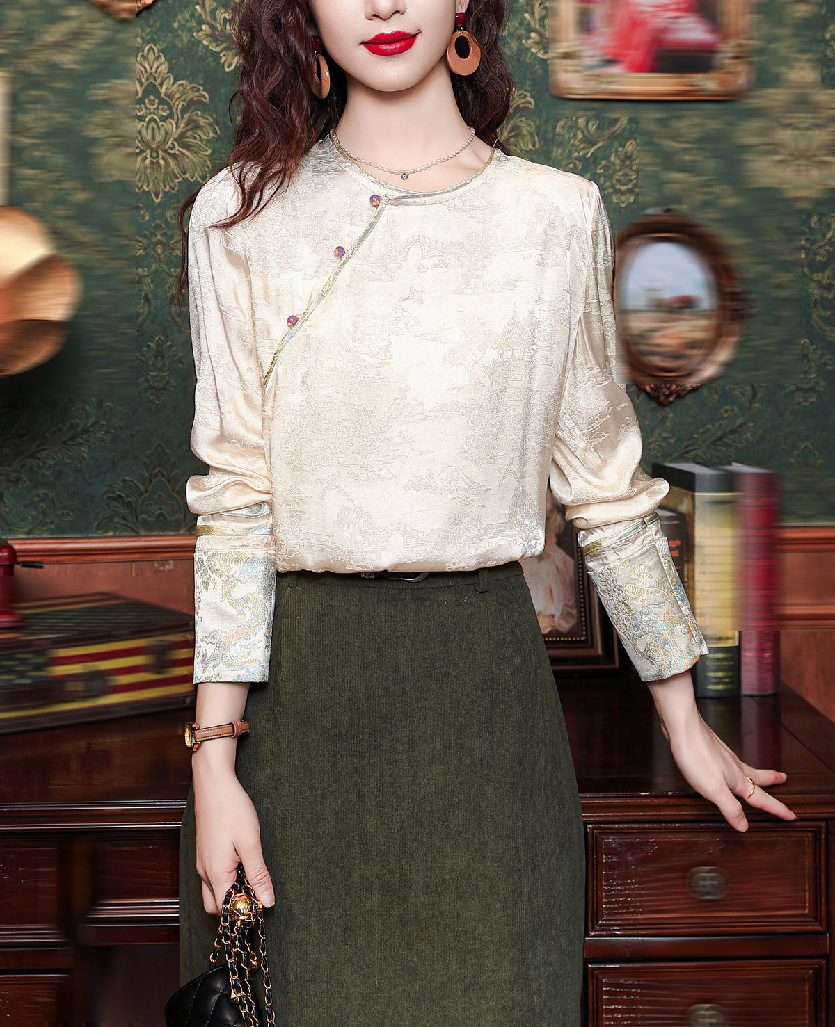 Vintage New Chinese Round Neck Satin Blouse with Bias Button & Print Cuffs