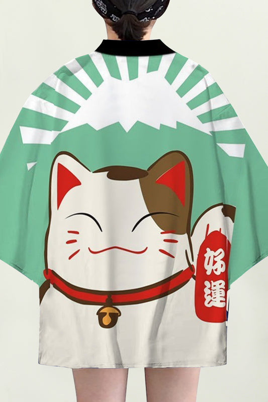 Women's Lucky Cat Cardigan Kimono Cover up Tops