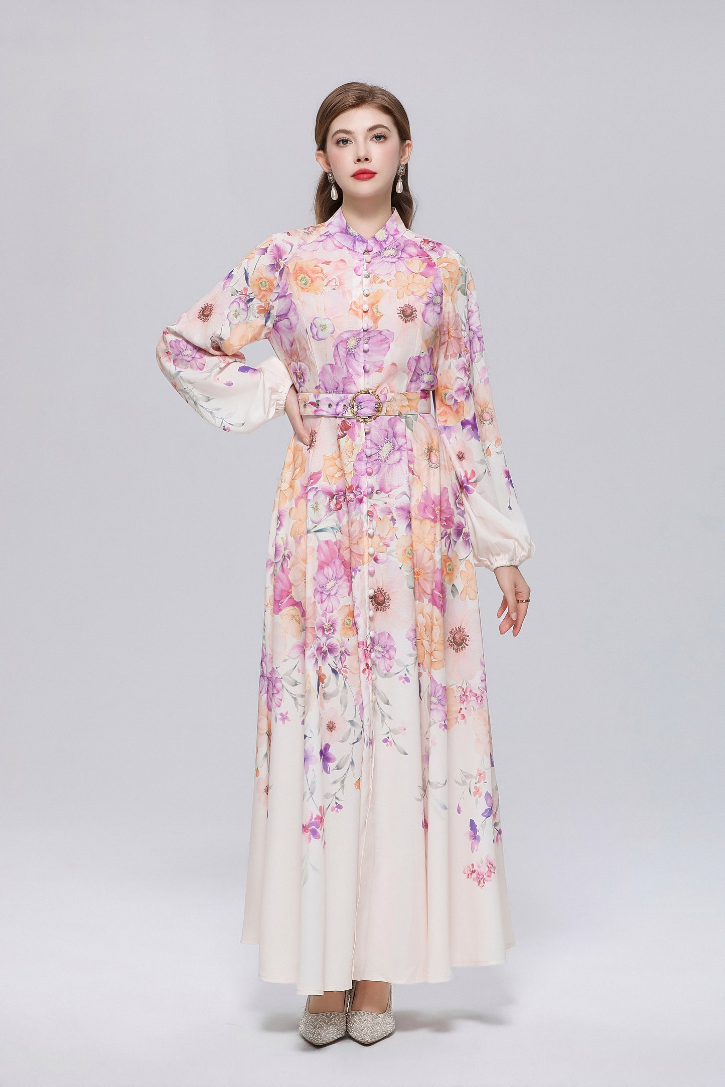 26-Women Floral Print Button Flowy Maxi Belt Dress