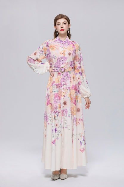 26-Women Floral Print Button Flowy Maxi Belt Dress