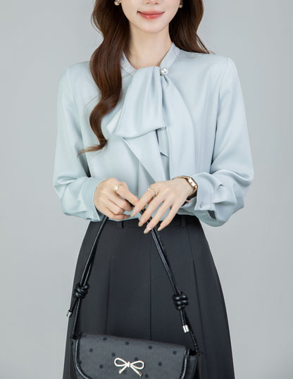 Light Blue Satin Tie-Neck Long Sleeve Blouse