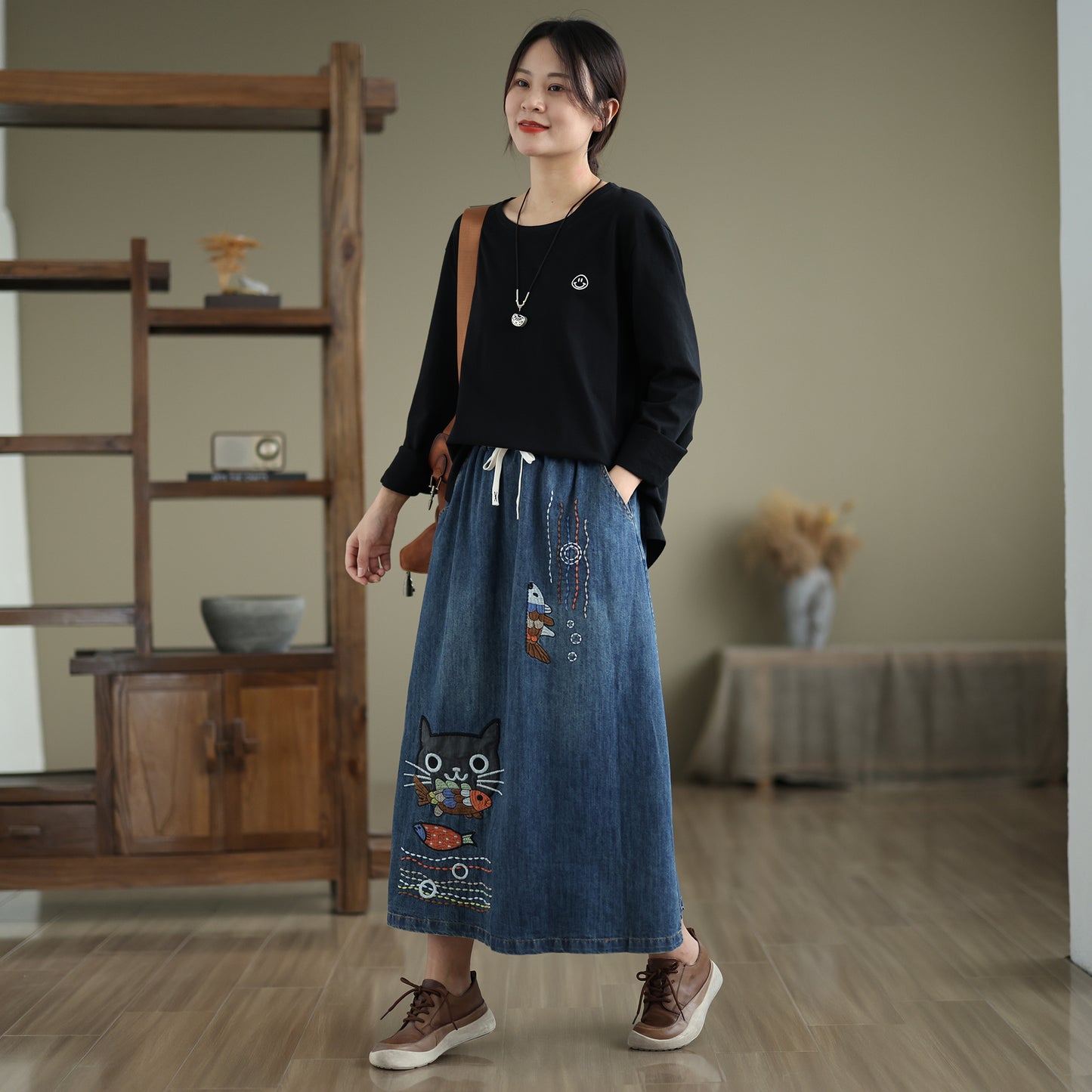 Women's Denim Drawstring Waist Pockets Jean Skirt