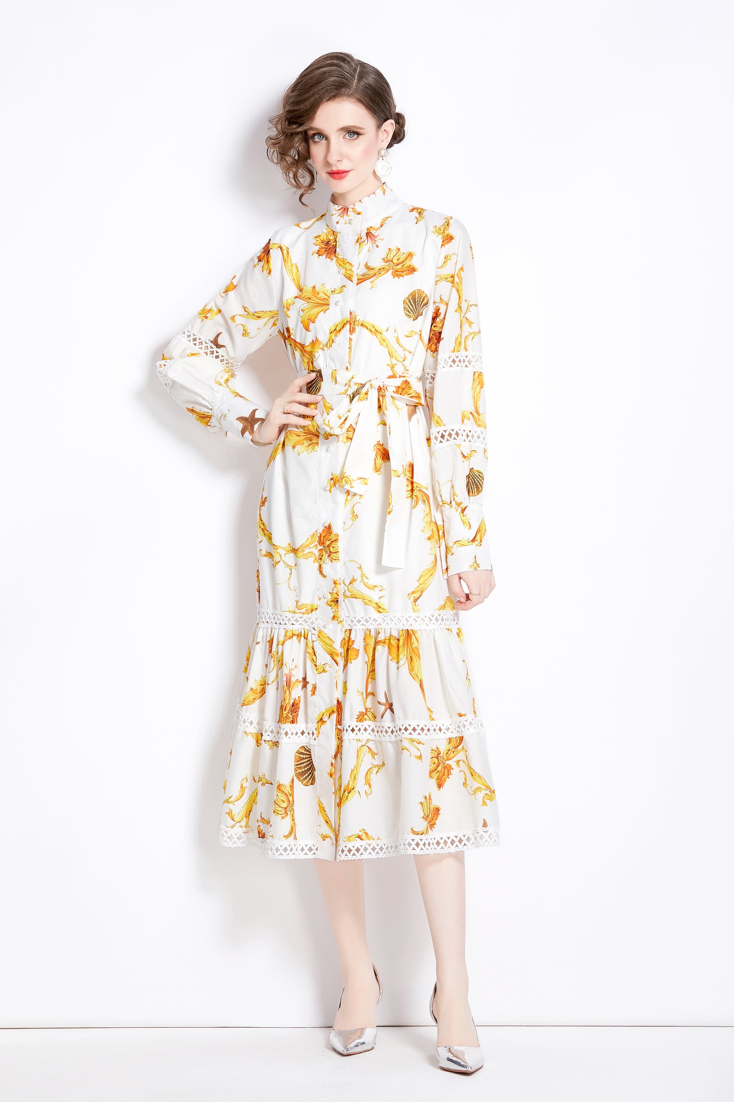 FSY-Women Floral Print Button Split Flowy Maxi Dress