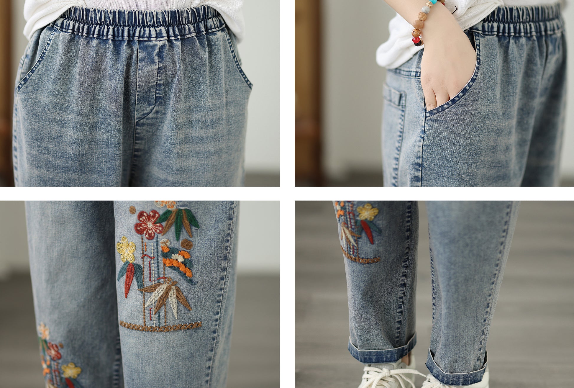 Women's Casual Denim Harem Jeans Elastic Waist Loose Pants - LAI MENG FIVE CATS