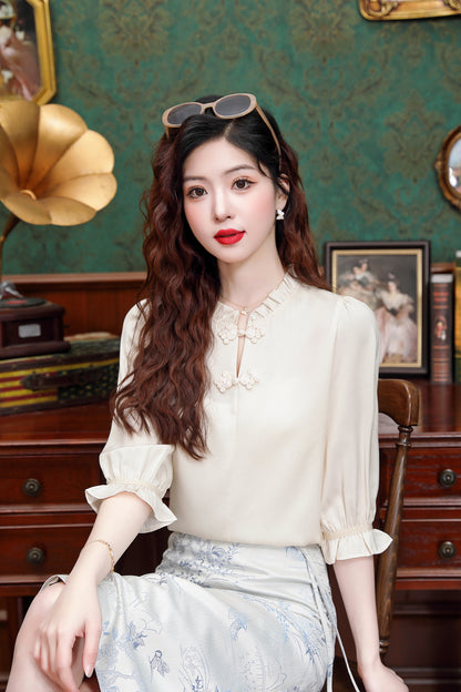 Women's Chinese Style Jacquard Short Sleeve Blouse