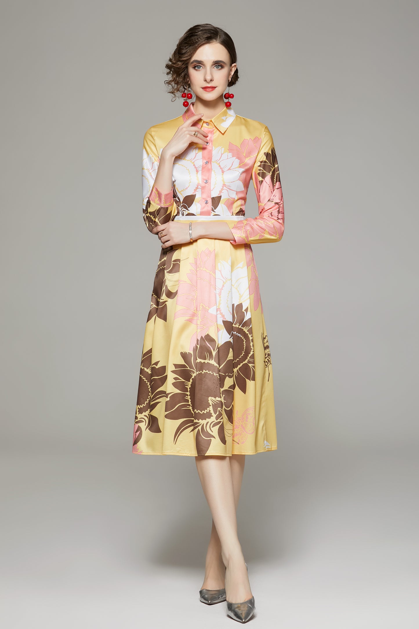 FSY-Women's Floral Print Button A-line Flowy Midi Dress