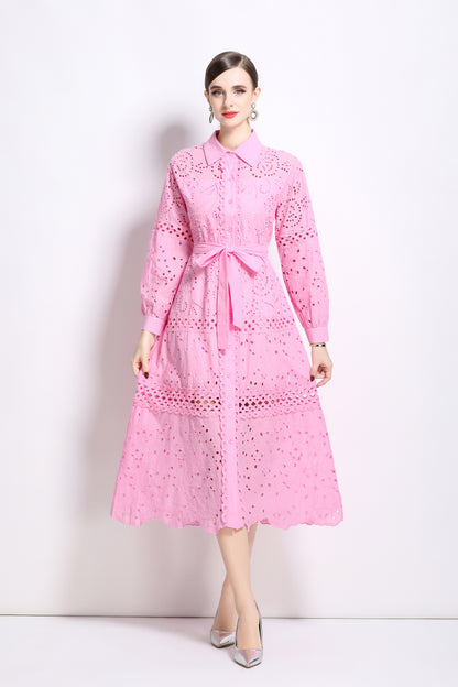 Puff Sleeves Shirt Collar Midi Dress