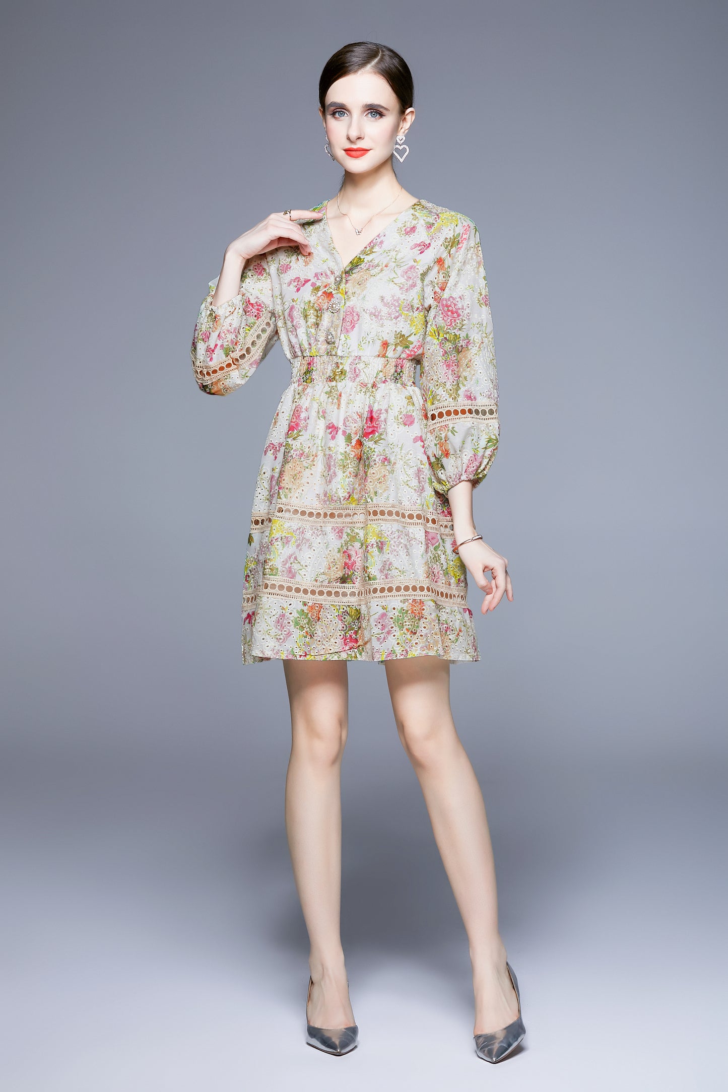 SSY-Women's V-Neck Floral Elastic Waist Button Mini Dress