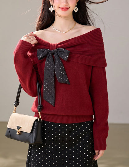 28683-Burgundy Bow Off-Shoulder Knit Sweater
