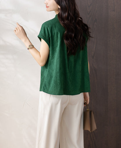 Women's Button Cap Sleeve Mandarin Collar Blouse Top - LAI MENG FIVE CATS