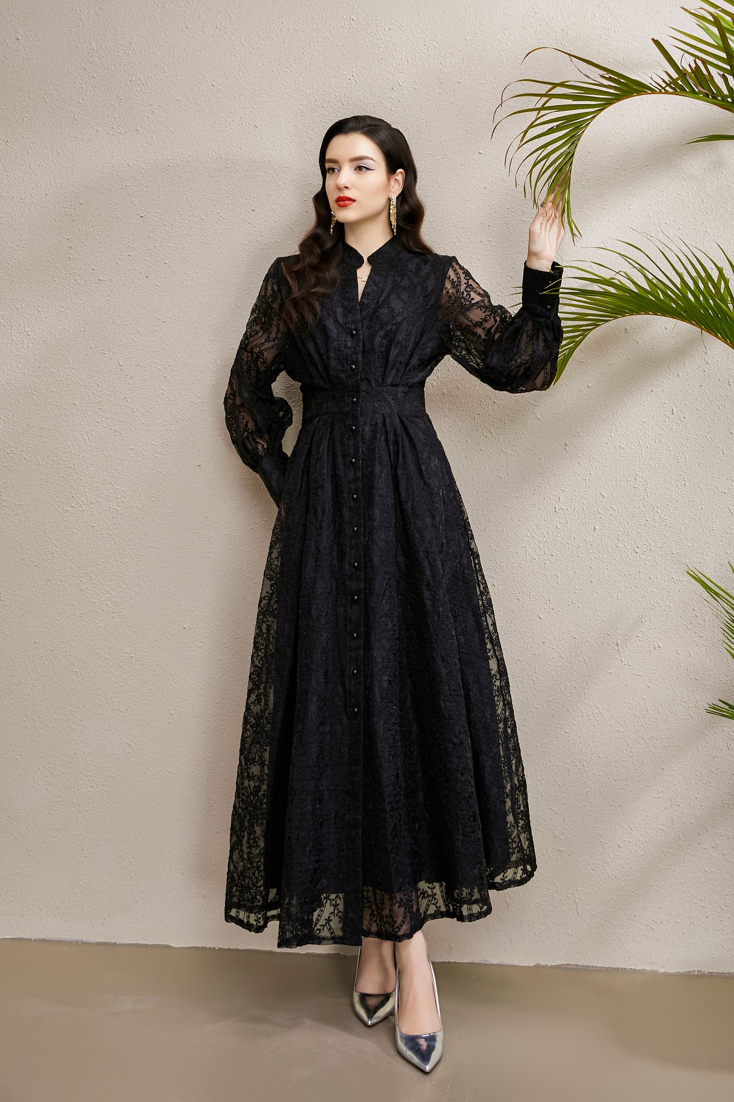 Women's V-Neck Lace Floral Lantern Sleeve Maxi Dress