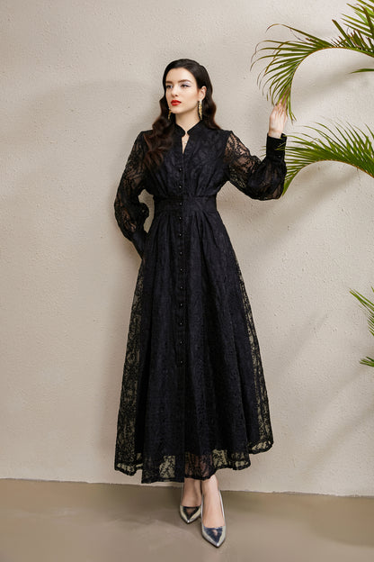 Women's V-Neck Lace Floral Lantern Sleeve Maxi Dress