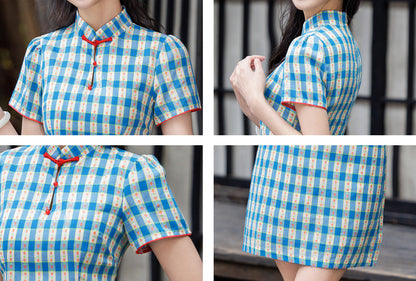 Blue Gingham Cheongsam Short Sleeve Plaid Qipao Mini Dress