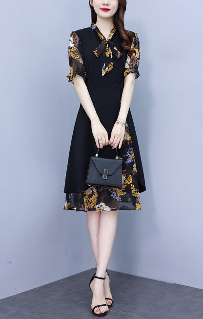 Women's Tie V-Neck Short Sleeve A-line Midi Dress