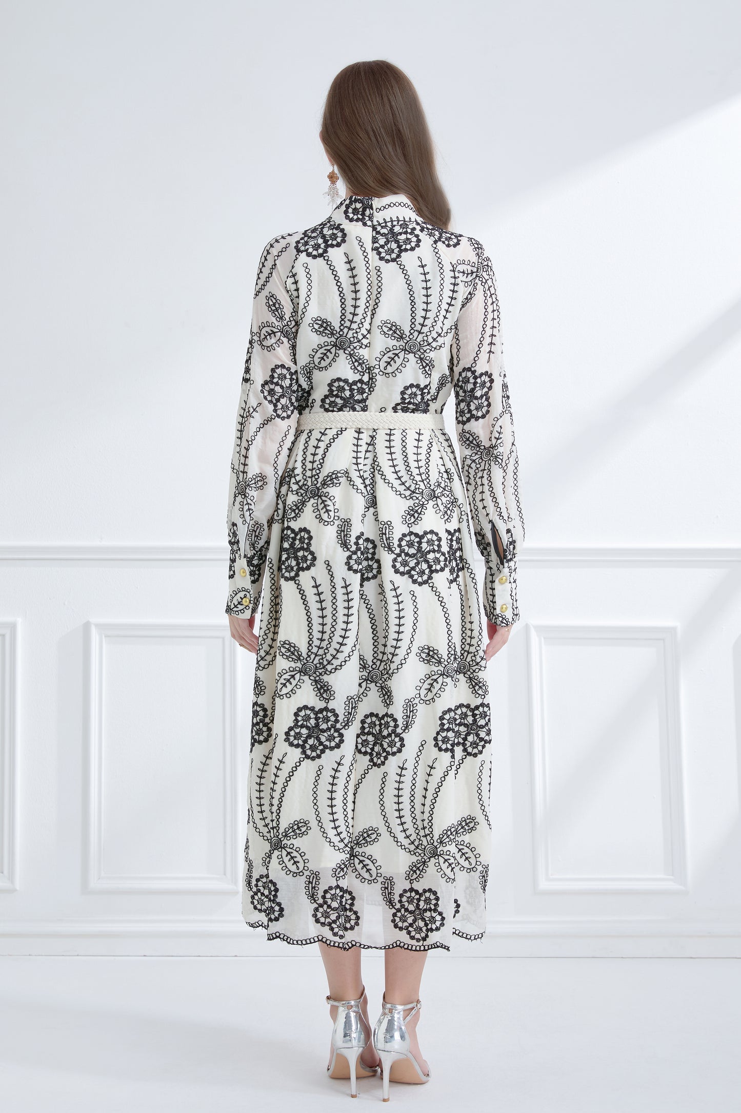 Women's Mandarin Collar Embroidered Button Maxi Dress