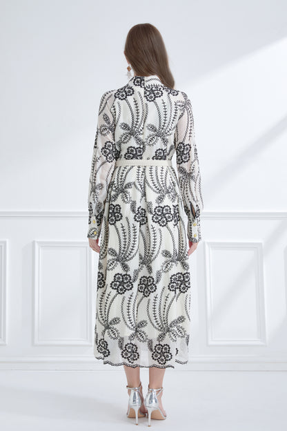 Women's Mandarin Collar Embroidered Button Maxi Dress