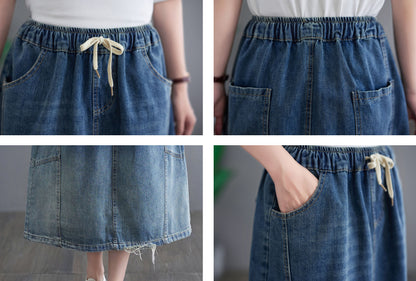 Denim Elastic Waist Midi Skirt with Pockets