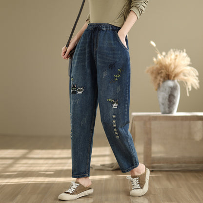 Women Jeans Denim Loose Pants Elastic Waist with Pocket