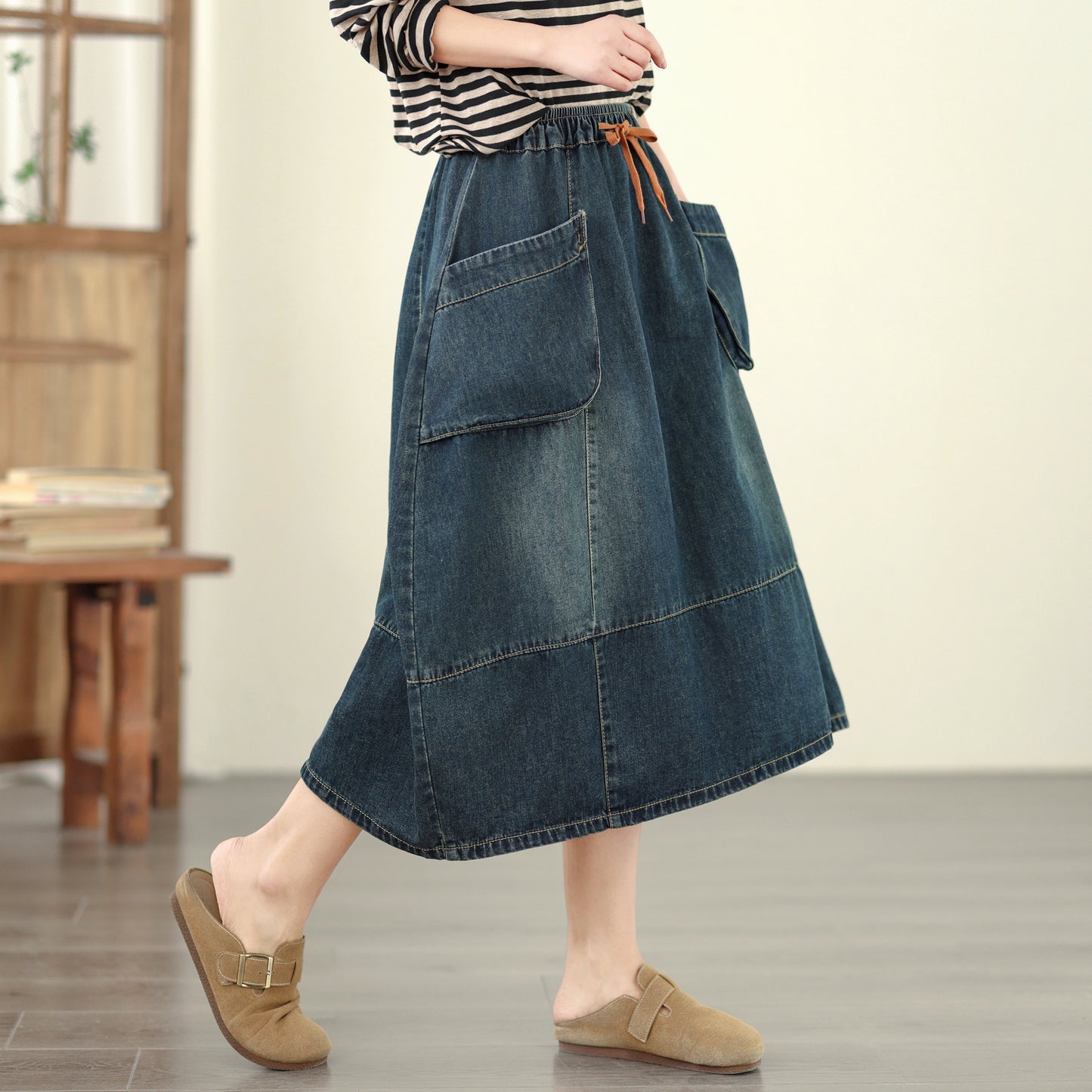 Women's Denim Drawstring Waist Pockets Jean Skirt