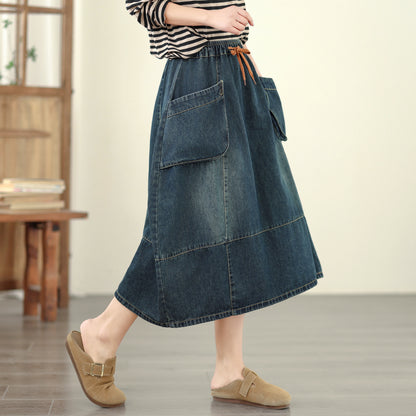 Women's Denim Drawstring Waist Pockets Jean Skirt