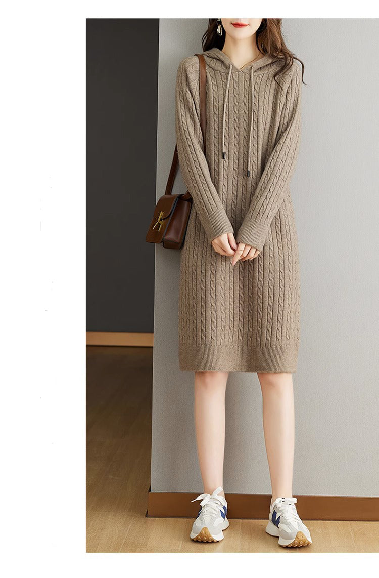 Women's Cable Knit Sweater Hoodie Midi Dress