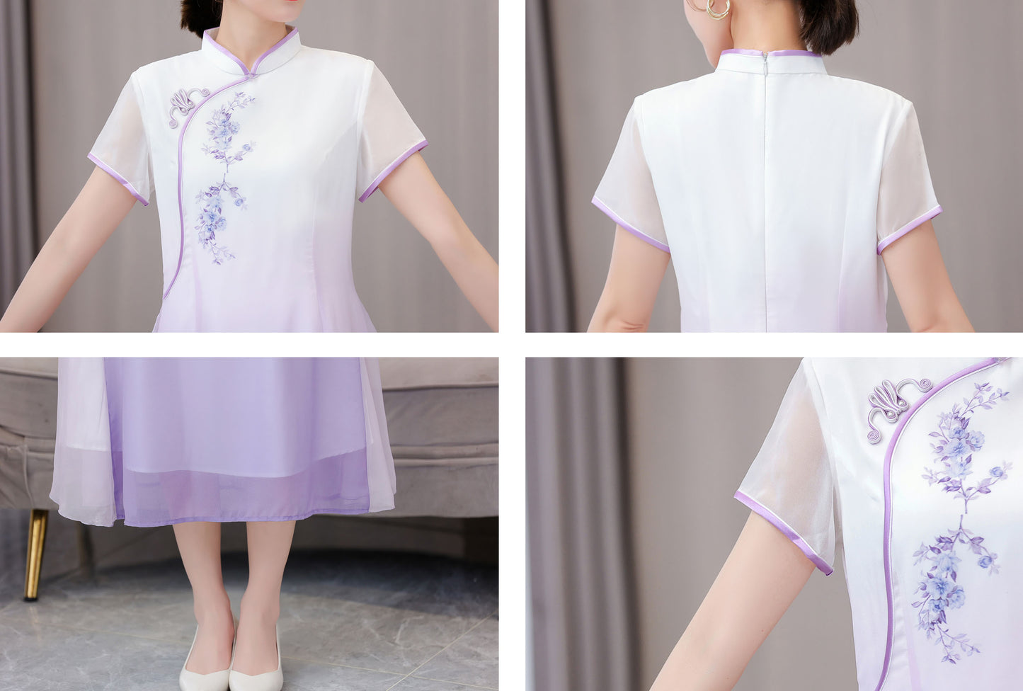 Purple Embroidered Floral Cheongsam Short Sleeves Dress