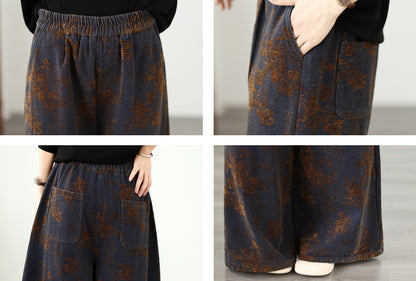 Vintage Floral Denim Wide-Leg Pants | Dark Indigo & Elastic Waist