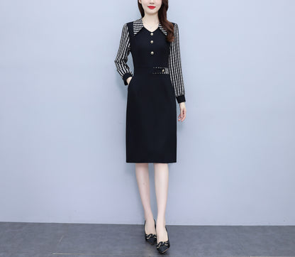 Women's V-Neck with Pockets Long Sleeve Black Dress