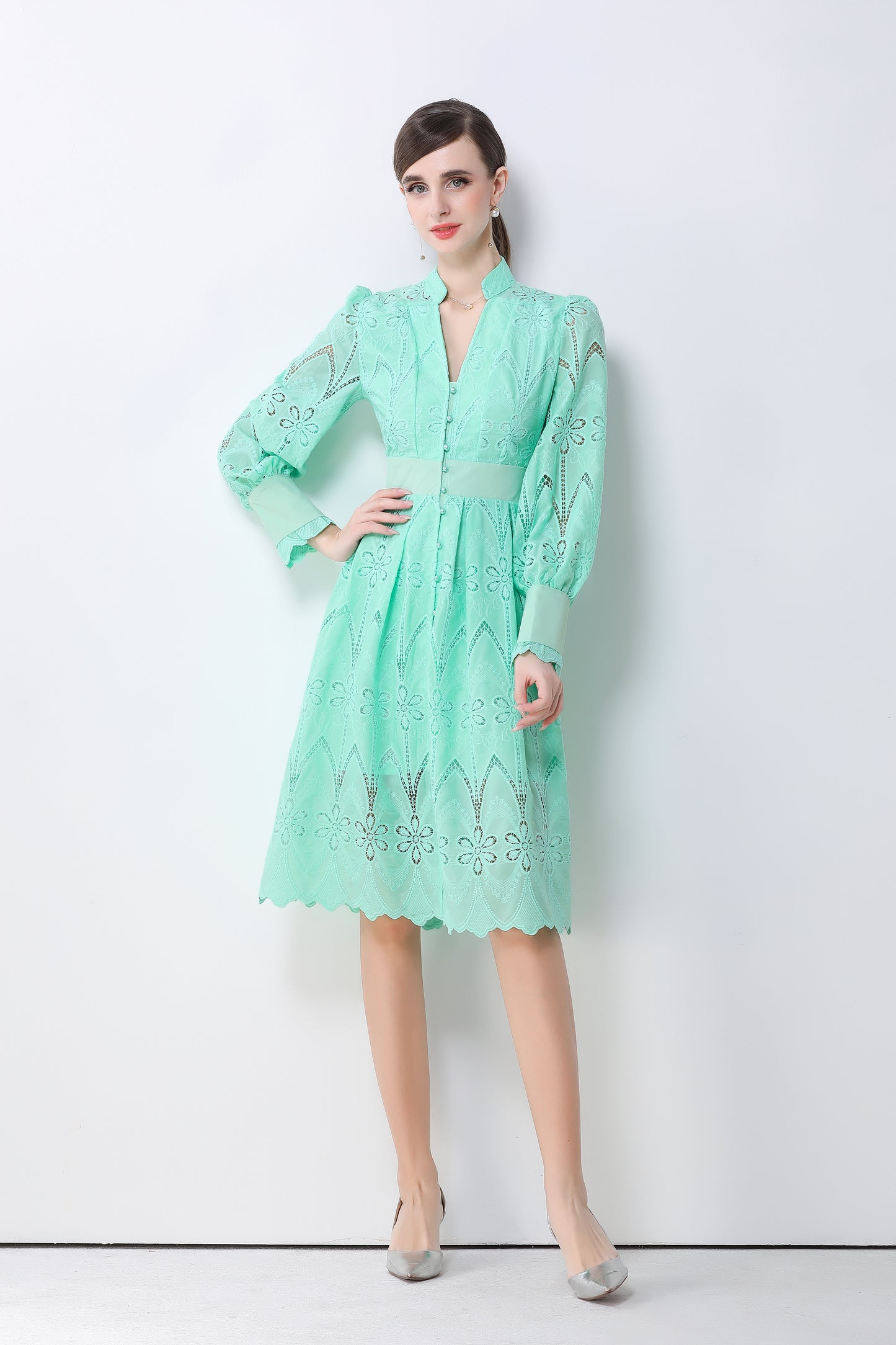 Women's V-Neck Long Sleeve Hollow Out Lace Midi Dress