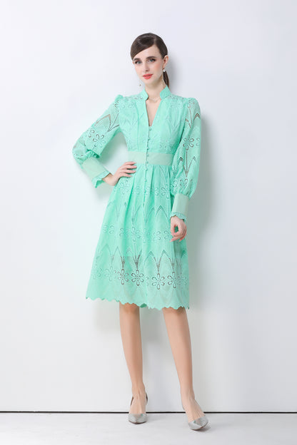Women's V-Neck Long Sleeve Hollow Out Lace Midi Dress