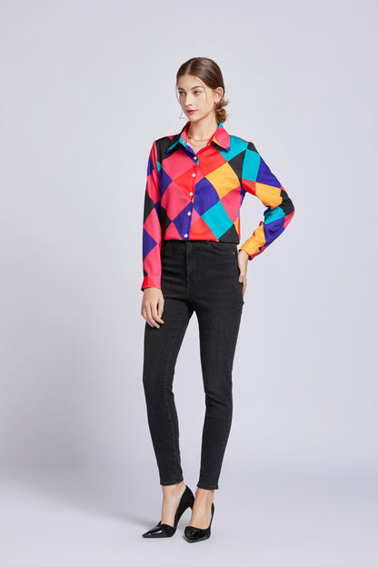 ESY-Women's Shirt Print Long Sleeve Button Blouse