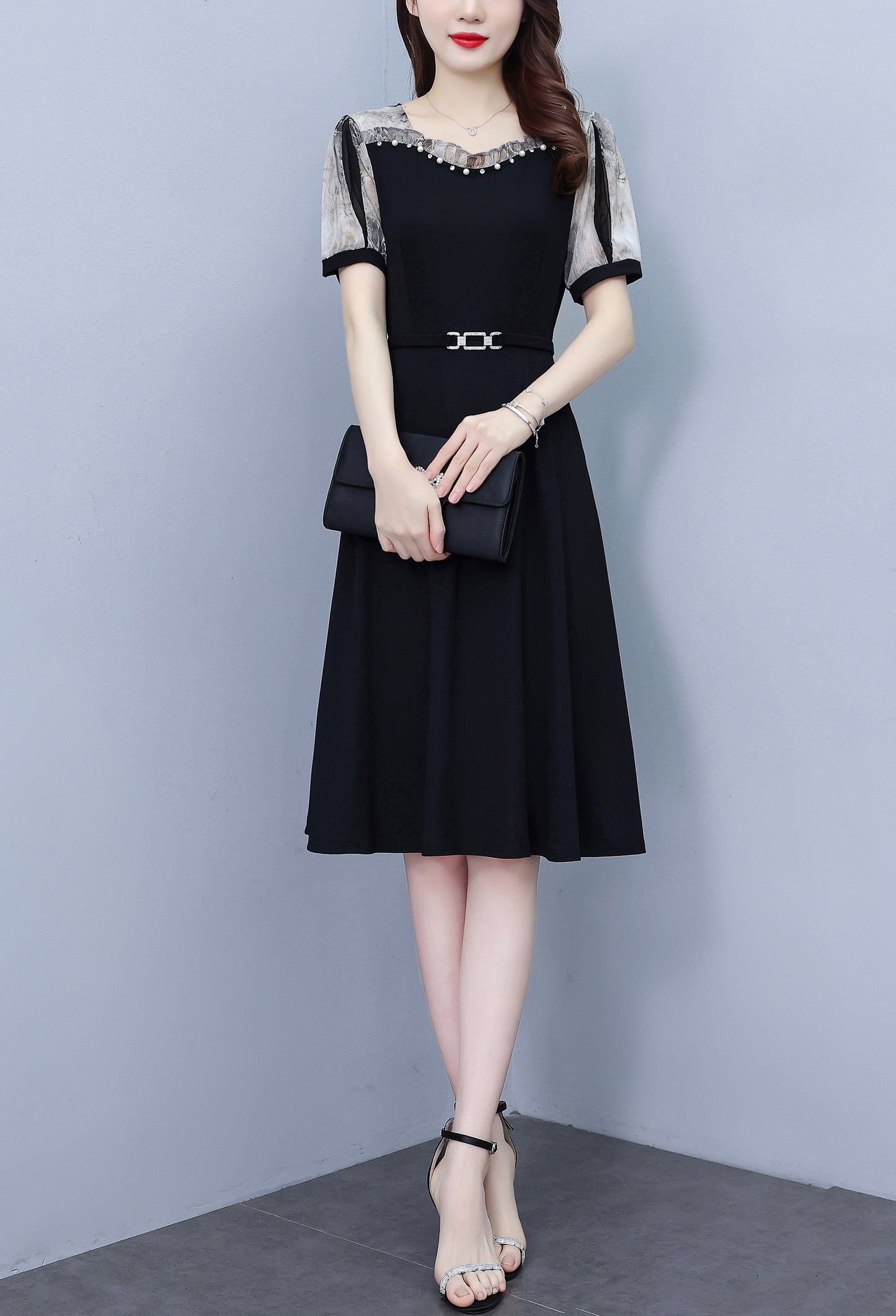 Women's Short Sleeve Pocket A-line Stretch Midi Dress