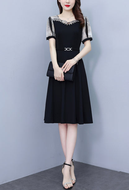 Women's Short Sleeve Pocket A-line Stretch Midi Dress